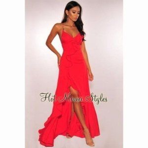 Hot Miami Styles Red Ruffled Side Slit Lace-Up Maxi Dress Women's Large